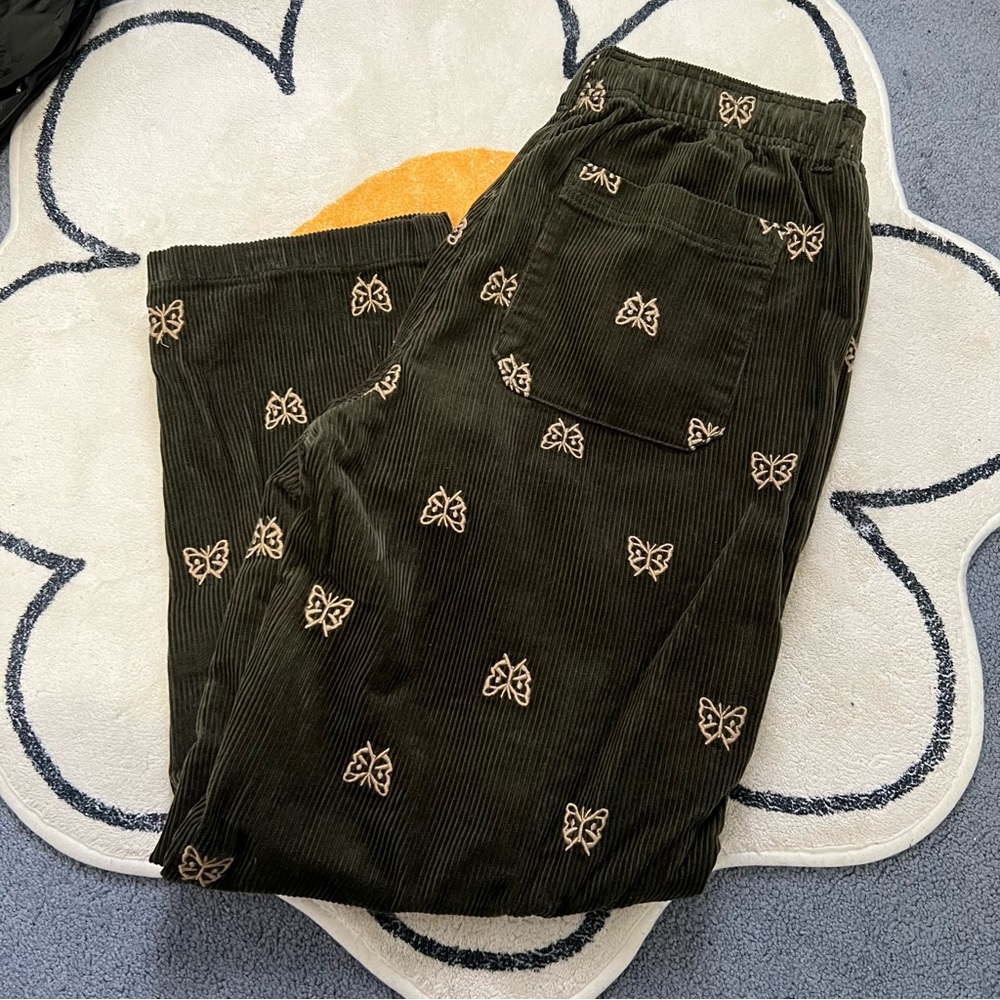 Olive Green Corduroy butterfly embroidered pants